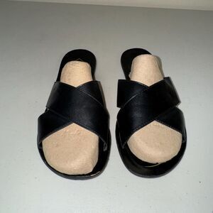 Black Sandals Vegan Leather Womens 8 Cross Strap Flats Slip On Open Toe Summer